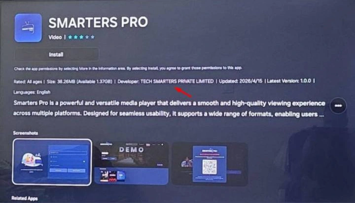 Smarters Pro in de Samsung-appwinkel, ontwikkelaar TECH SMARTERS PRIVATE LIMITED